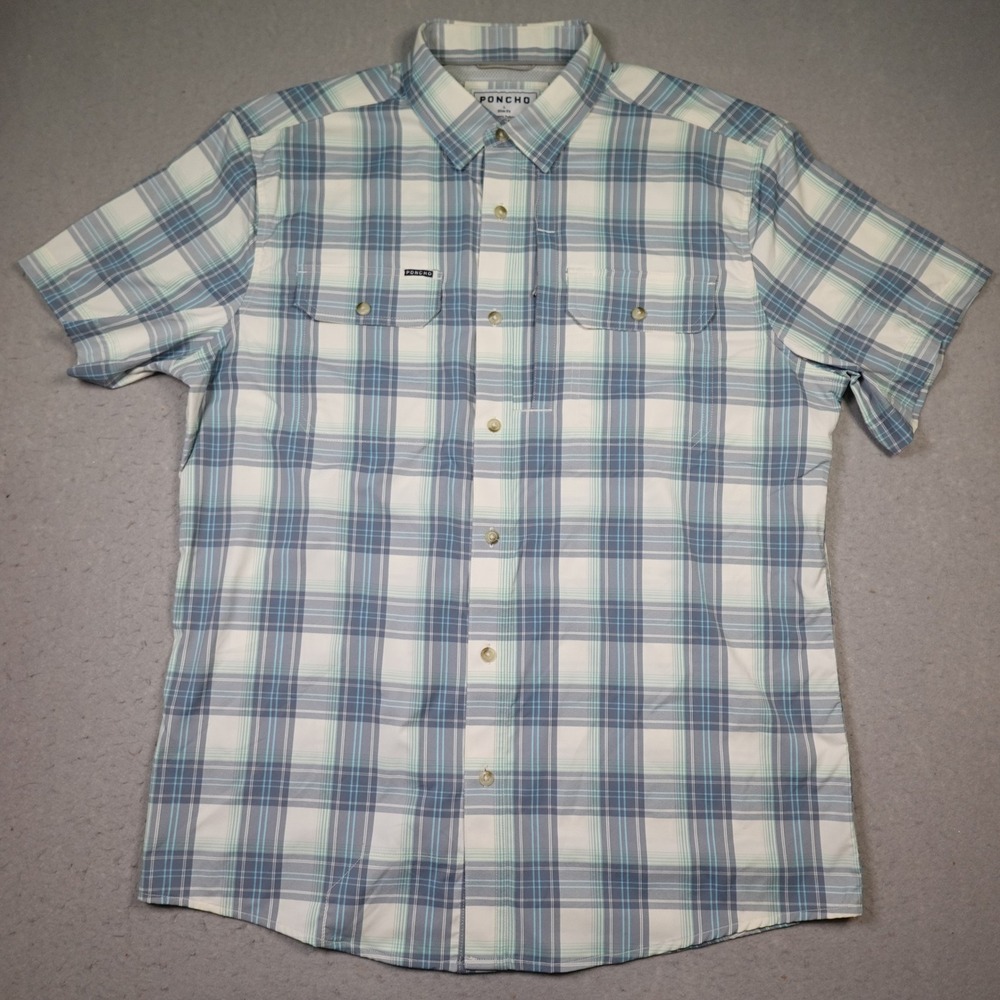 Poncho Shirt Button Down Mens Large Blue Plaid fishing outdoor Slim Fit Magnetic